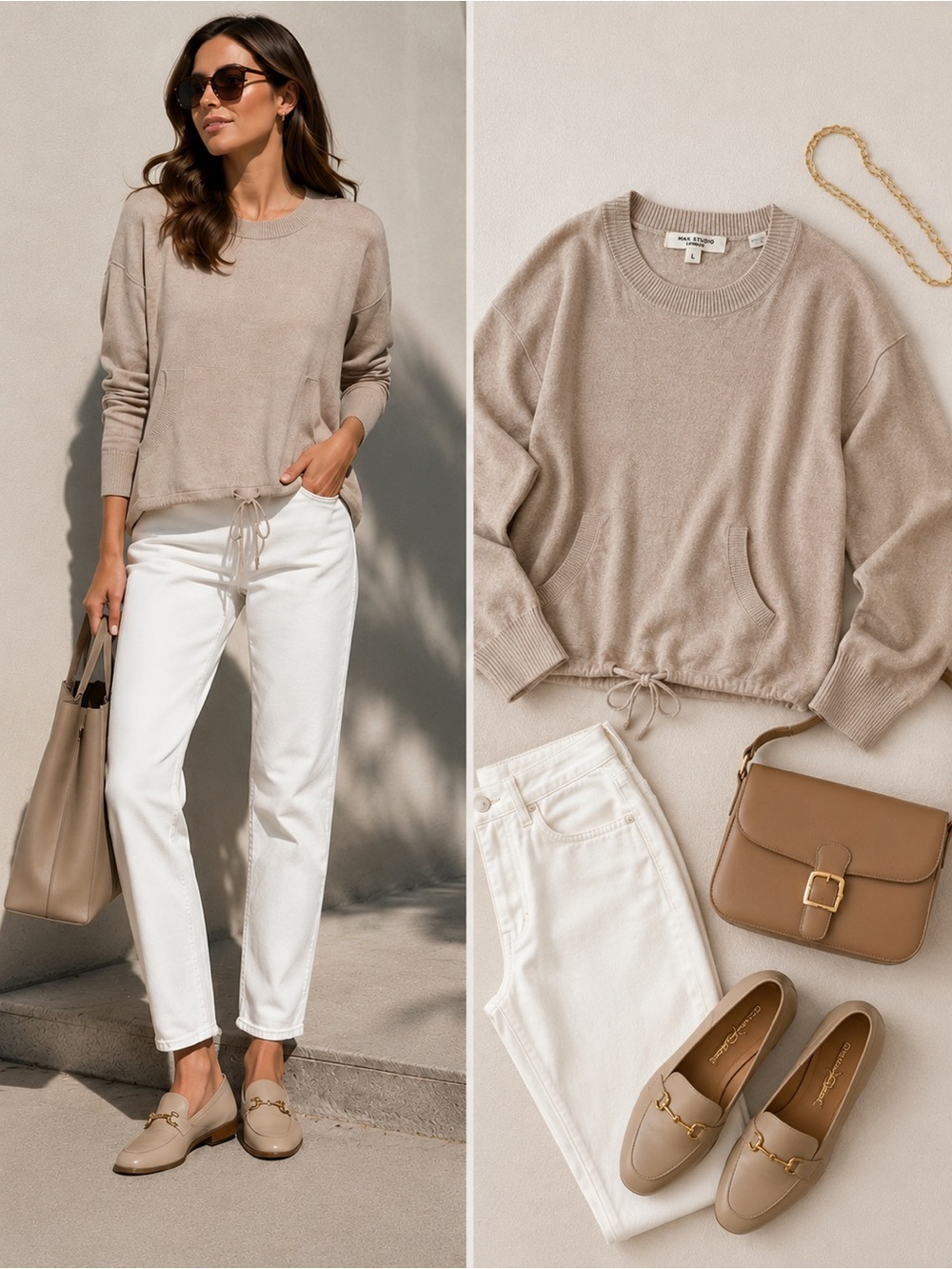 Max Studio London Beige Knit Sweater L Relaxed Drawstring Hem Pockets Soft
